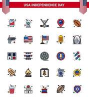 Happy Independence Day Pack mit 25 flach gefüllten Linien Zeichen und Symbolen für Rugby-Zeichen Hokey Map American Editable Usa Day Vector Design Elements