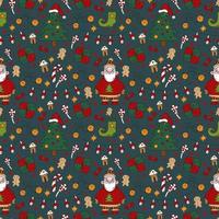 klotter sömlös mönster för jul. santa claus, pepparkaka småkakor, älva sko, gåvor söt element vektor