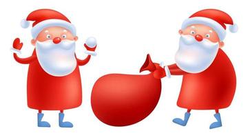 rolig söt tecknad serie santa claus med stor väska med presenterar. vykort glad jul och Lycklig ny år. glad jul vektor illustration. jul gåvor. Lycklig karaktär i kostym med skägg.