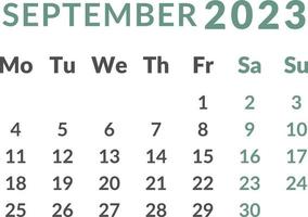 kalender 2023. månad september. vektor