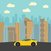 gul sporter bil i de stad. bil på en bakgrund av skyskrapor på en solig dag. vektor illustration.