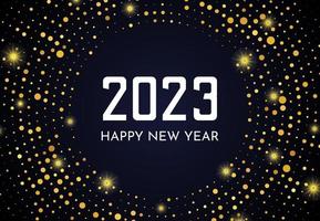 2023 Frohes neues Jahr mit goldenem Glitzermuster in Kreisform. abstrakter goldglühender halbton gepunkteter hintergrund für weihnachtsfeiertagsgrußkarte auf dunklem hintergrund. Vektor-Illustration vektor