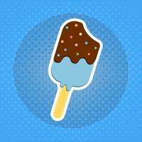 Pop-Art-Eiscreme-Dessert auf einem Holzstab. Eis auf einem blauen Vintage-Hintergrund vektor