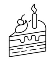 bit av kaka ikon i översikt stil. sufflé, nem, cheesecake med ljus. de firande av de födelse. paj med körsbär vektor