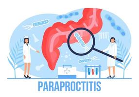 Para-Proktitis-Konzeptvektor für medizinisches Web. App. bloggen. Darmärzte untersuchen, Dysbiose behandeln. winzige therapeuten der proktologie machen koloskopie. Proktologe. vektor