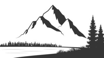landskap med silhuetter av bergen och berg flod. natur bakgrund. vektor illustration. gammal stil svart och vit berg vektor illustration