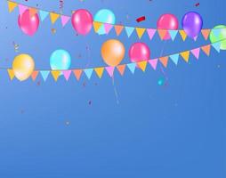 färgrik ballonger med triangel- fest flaggor, konfetti och papper streamers. vektor illustration. karneval text. plats för din text. design för inbjudan, affisch, kort, baner, flygblad