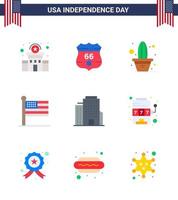 Lycklig oberoende dag 4:e juli uppsättning av 9 flats amerikan pictograph av kontor USA kaktus förenad flagga redigerbar USA dag vektor design element