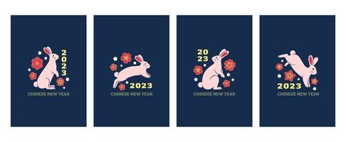 uppsättning av 2023 kinesisk ny år hälsning kort, affischer, flygblad eller inbjudan mönster med kanin och blommor. platt vektor illustration.