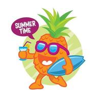 ananas tecknad serie tecknad serie ananas bär en surfingbräda och en glas av juice redo till sommar tid, Bra för t skjorta och klistermärke design vektor