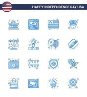Usa Happy Independence DayPiktogrammsatz von 16 einfachen Blues von Hockey Law Flag Justice Police editierbare Usa Day Vektordesign-Elemente vektor