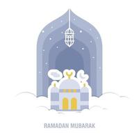 ramadan kareem islamisk design halvmåne och moskékupolsilhuett med arabiskt mönster och kalligrafi vektor