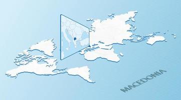 Weltkarte im isometrischen Stil mit detaillierter Karte von Mazedonien. hellblaue Mazedonien-Karte mit abstrakter Weltkarte. vektor