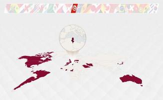 Vergrößern Sie die auf der perspektivischen Weltkarte ausgewählte Karte von Tunesien, Infografiken über die Teilnehmer des Fußballturniers. vektor