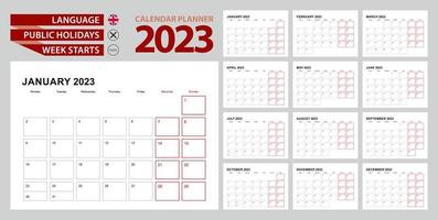 Wandkalender Planer 2023 in Englisch, Woche beginnt am Montag. vektor