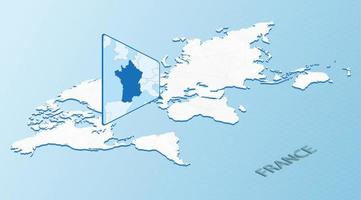 Weltkarte im isometrischen Stil mit detaillierter Karte von Frankreich. hellblaue frankreichkarte mit abstrakter weltkarte. vektor
