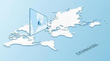 Weltkarte im isometrischen Stil mit detaillierter Karte von Dänemark. hellblaue Dänemark-Karte mit abstrakter Weltkarte. vektor