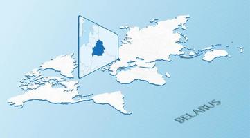 Weltkarte im isometrischen Stil mit detaillierter Karte von Weißrussland. hellblaue Weißrussland-Karte mit abstrakter Weltkarte. vektor