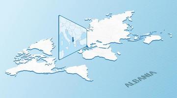 värld Karta i isometrisk stil med detaljerad Karta av albanien. ljus blå albania Karta med abstrakt värld Karta. vektor