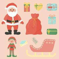 süßer weihnachtsmann und elf in den weihnachtsferien. eine reihe von vektorzeichentrickfiguren mit einer tasche und geschenken. elf, weihnachtsmann, geschenke, tasche, schlitten. vektor