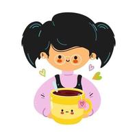 lustiges mädchen hält gelbe tasse tee in der hand. Mädchen umarmt süße gelbe Tasse Tee. Vektor handgezeichnete Doodle-Stil Cartoon-Figur Illustration Icon-Design. isoliert auf weißem Hintergrund