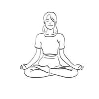 junge frau, die lotus asana mit padmasana pose illustration vektor handgezeichnet isoliert auf weißem hintergrund strichzeichnungen praktiziert.