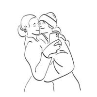 Linie Kunst junges glückliches Paar in der Liebe, die selfie Illustrationsvektorhand gezeichnet lokalisiert auf weißem Hintergrund macht vektor