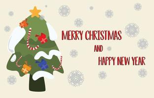 jul bakgrund vektor med snöflingor och gåva på träd, tomte med glad jul meddelande och Lycklig ny år för tapet eller hälsning kort