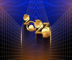 2023 Neujahrsgrußkarte mit goldener 3D-Nummer der goldenen modernen Perspektive. Art-Deco-Stil. Technologie-Party-Konzept. banner, vorlage luxusverzierung auf dunkelblauem hintergrund vektor