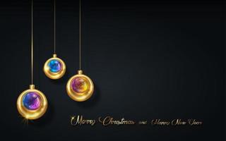 weihnachtsluxusurlaubsbanner mit gold handgeschriebenen frohen weihnachten und frohen neujahrsgrüßen und goldfarbenen weihnachtskugeln, glasweihnachtskugel. vektorillustration lokalisiert auf schwarzem hintergrund vektor