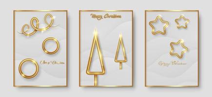 set karten frohe weihnachten goldtextur, goldene luxuselemente, weißer papierschnitthintergrund für kalender und grußkarte oder weihnachtliche winterurlaubseinladungen mit geometrischen dekorationen vektor