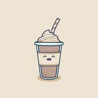 Lycklig leende choklad milkshake i hämtmat kopp med piska grädde garnering illustration. frappe kaffe i plast kopp illustration maskot emoji karaktär vektor