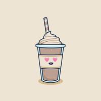 kärlek ögon choklad milkshake i hämtmat kopp med piska grädde garnering illustration. faller kärlek frappe kaffe i plast kopp illustration maskot tecknad serie karaktär vektor