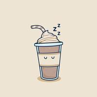 sovande choklad milkshake i hämtmat kopp med piska grädde garnering illustration. falla sovande frappe kaffe i plast kopp illustration maskot tecknad serie karaktär vektor
