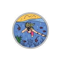 Schönheitsblondine unter Wasser mit Schnorchelmaske Logo-Design-Vektorillustration vektor