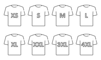 Symbolsatz für T-Shirt-Größe. Herren- oder Damenhemd. Kleidergrößenetikett oder Tag-Piktogramm. Größe von xs bis 4xl. editierbarer Strich. vektor isolierte illustration.