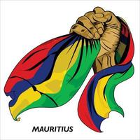 fisted hand innehav mauritierna flagga. vektor illustration av lyft hand gripa tag i flagga. flagga drapering runt om hand. skalbar eps formatera