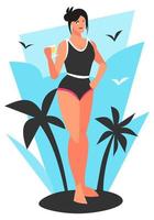 Illustration eines Mädchens im Badeanzug mit Orangensaft. Himmelblauer Hintergrund und Kokosnussbaum-Silhouette. geeignet für sommerthema, strand, schwimmen, urlaub, lebensstil usw. flacher vektor