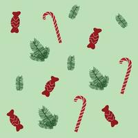 weihnachten nahtlose musterillustration auf grünem hintergrund. Zuckerstange, Ast, Süßigkeiten. vektor
