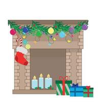 öppen spis dekorerad med jul attribut, vinter- Semester dekor, isolera på vit bakgrund, platt vektor