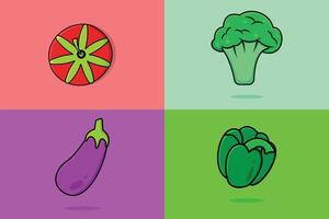 frisches gartengemüse set vektorillustration. Food-Natur-Icon-Konzept. sammlung von gemüsebrokkoli, auberginen, paprika, tomatenikonendesign. vektor