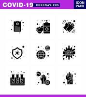 9 Solid Glyph Black Virus Corona Icon Pack wie Bakterienkrankheit medizinische Virusbakterien virales Coronavirus 2019nov Krankheitsvektor-Designelemente vektor