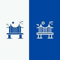 über Brücke Metallfluss Straßenlinie und Glyphe festes Symbol blaues Banner Linie und Glyphe festes Symbol blaues Banner vektor