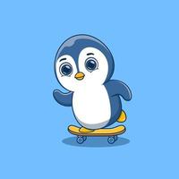 niedlicher pinguin, der skateboardkarikatur spielt vektor