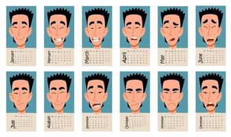 kalender för 2023 med rolig känslor av en manlig asiatisk karaktär. vektor illustration av en platt design.