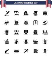 USA oberoende dag fast glyf uppsättning av 25 USA piktogram av USA hatt dekoration dag pengar redigerbar USA dag vektor design element