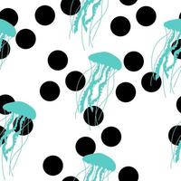 blaue Silhouette von Quallen mit schwarzen Flecken in Form von Kreisen nahtloses Muster, helle Silhouetten von Unterwassertieren auf weißem Hintergrund vektor