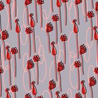 sömlös mönster av delikat klotter blommor med en röd silhuett och kontur ovaler på en grå bakgrund vektor