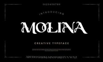molina abstrakt mode font alfabet. minimal modern urban typsnitt för logotyp, varumärke etc. typografi typsnitt versal små bokstäver och siffra. vektor illustration