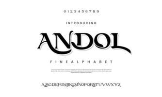 andol abstrakt mode font alfabet. minimal modern urban typsnitt för logotyp, varumärke etc. typografi typsnitt versal små bokstäver och siffra. vektor illustration